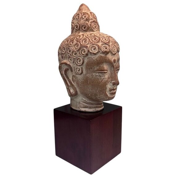 Buddha Head Ceramic Statue On A Wood Stand 12" Brown Tan Square Cube Base - Picture 4 of 14